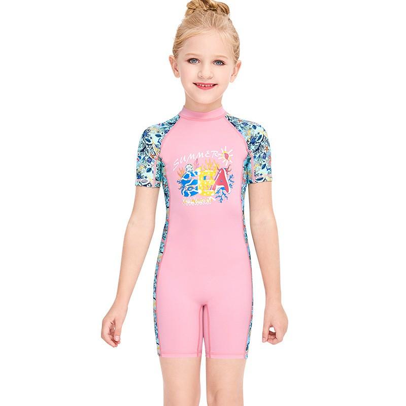 Children's Swimming Clothes Girls Sunscreen Quick-drying One-piece Short-sleeved Swimsuit Children Baby Hot