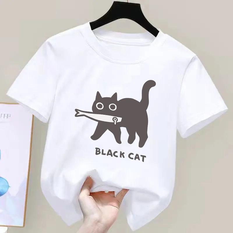 Fun A Black Cat Eating Fish Japanese Style kids TShirt Fashion Print T Shirt Breathable TShirts Cotton Clothes