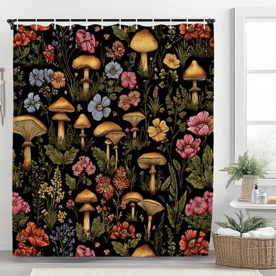 Pflanzen und Blumen und Pilze Duschvorhang, Blumig Botanisch Vintage Böhmisch Stil Badezimmer Dekorative Duschvorhänge