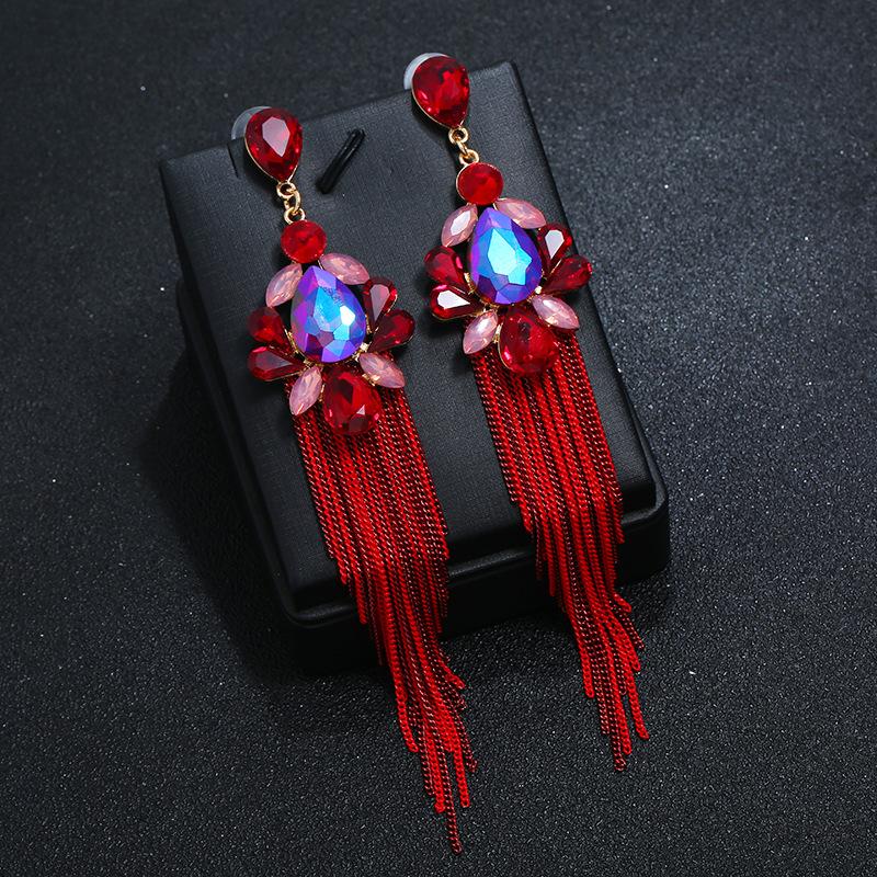 Long Crystal Fringed Stud Earrings Women's Retro Temperament Versatile Earrings Show Face Thin Fashion Personality New Earrings