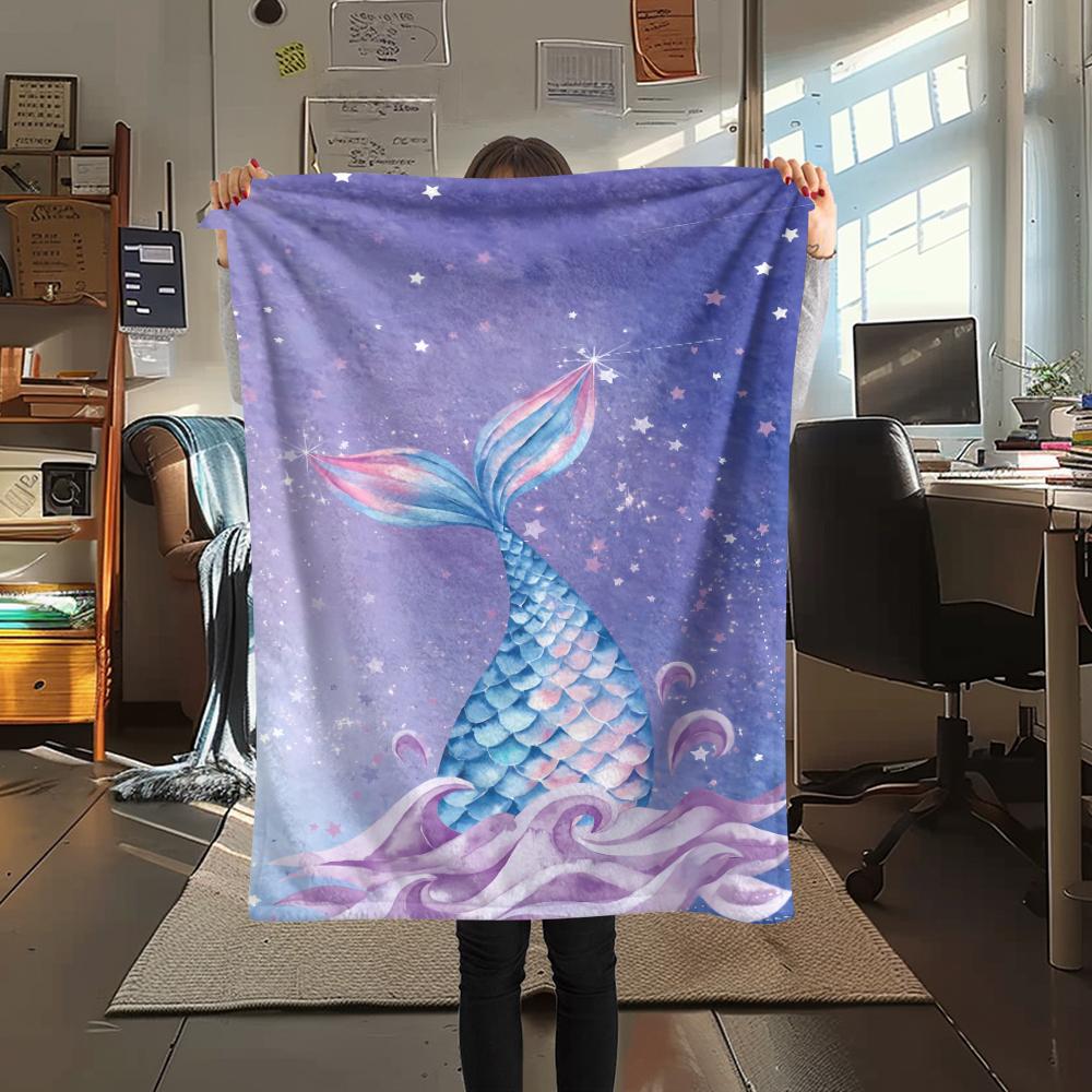 1Pc Mermaid Tail Print Flannel Blanket, High quality Comfortable for All Seasons, Home Decor, Warmth and Comfort, Perfect for Christmas Gifts