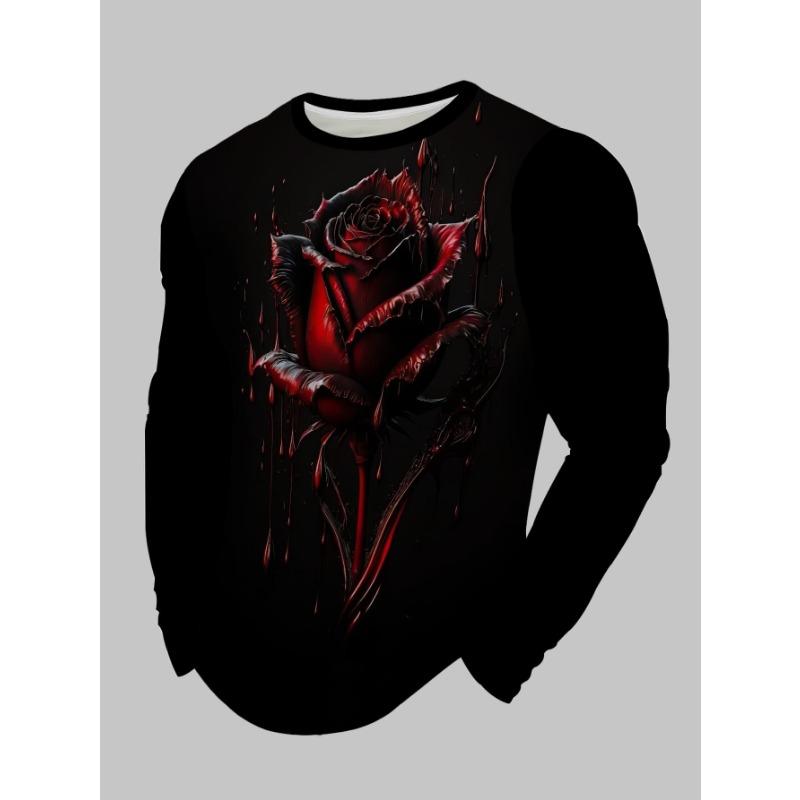 Trendy Men's Round Neck Long Sleeve Top Dark Rose Print Fashion Casual Base Shirt New Autumn Winter Youth Handsome Versatile T-Shirt