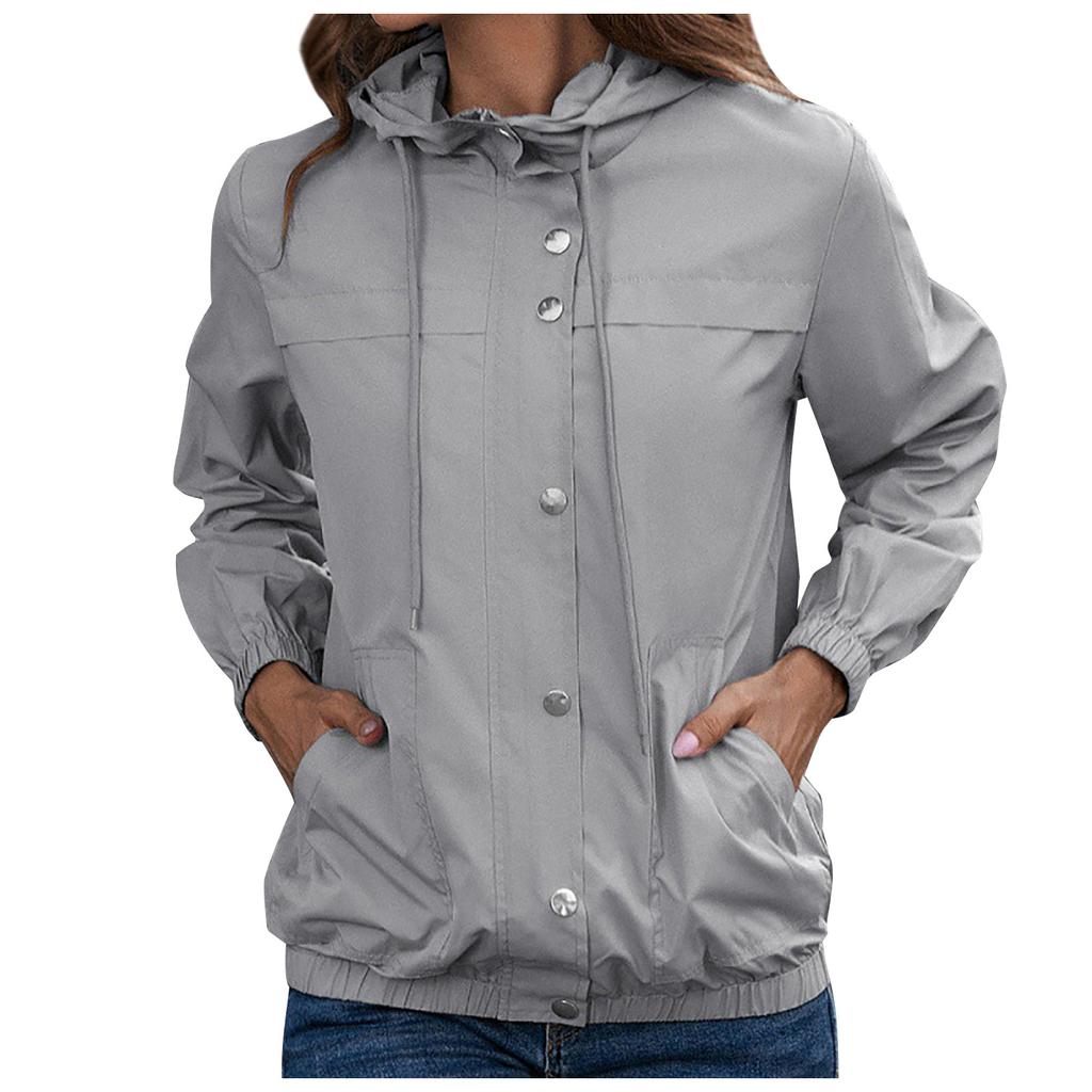 Women's Fashion-Simple Solid Color Outdoor Sports Single-breasted Pocket Windproof And Rainproof Hooded Windbreaker Pocket  Jacket