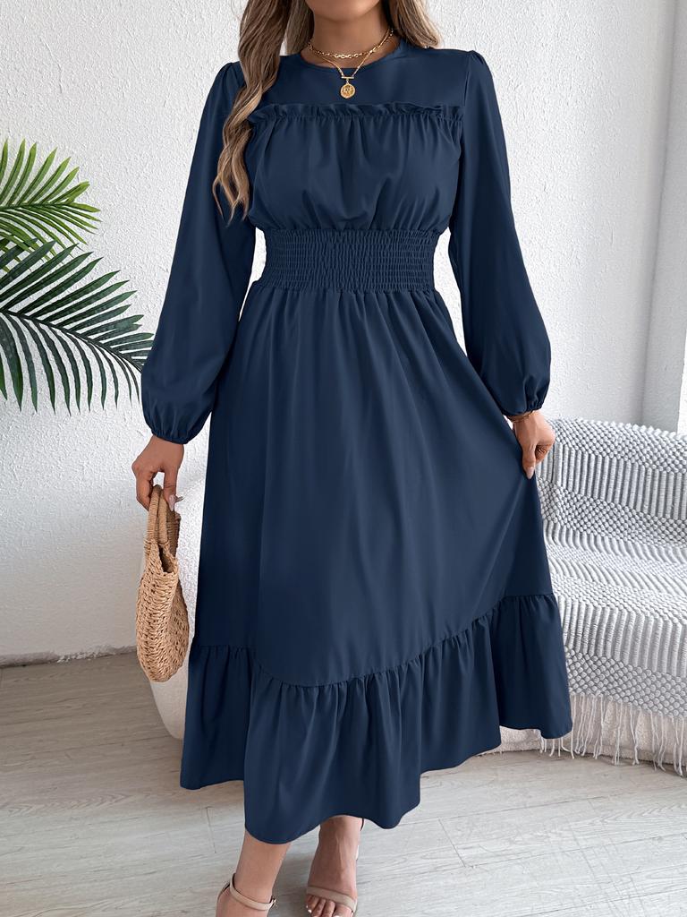 Women's Round Neck Ruffle Smocked Waist Maxi Dress Puff Long Sleeve A Line Tiered Casual Party Dress