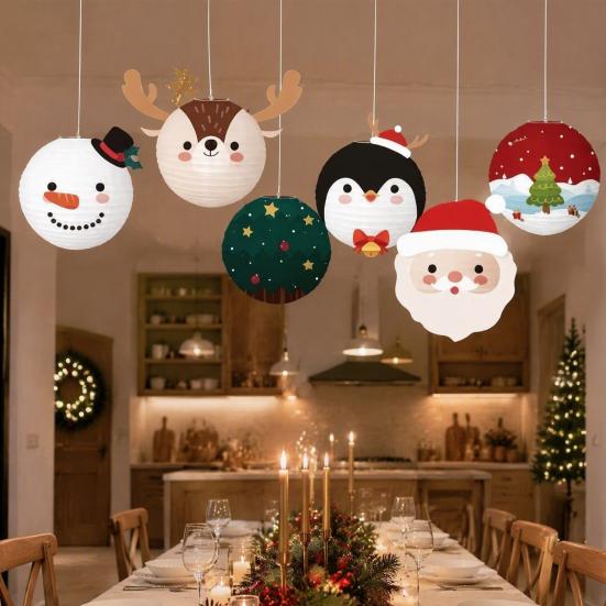 Winter Festival Party Supplies 6Pcs Christmas Cartoon Paper Lanterns, Santa Snowman Penguin Reindeer Decorative Lantern Sets Hanging Decor for