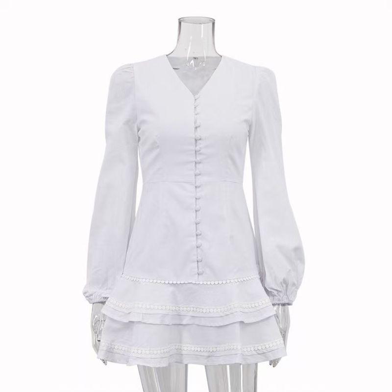 

French Summer New Arrival Cotton V Neck Long Sleeves Short Dress Patchwork Stylish A- line Skirt V-neck Dress White M