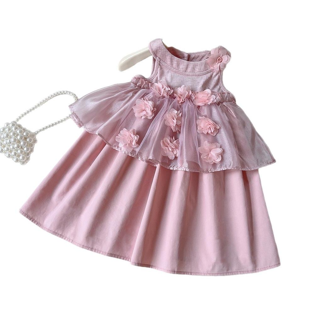 Summer Girls Dress 3D Flower Tulle Vest Princess Dress Kids Fashion Sleeveless Party Gown For Children