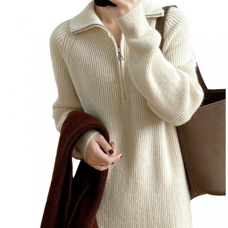 Womens Oversized Knit Midi Dress With Lapel Collar Long Sleeve Wool Blend A-Line Skirt Winter Layering