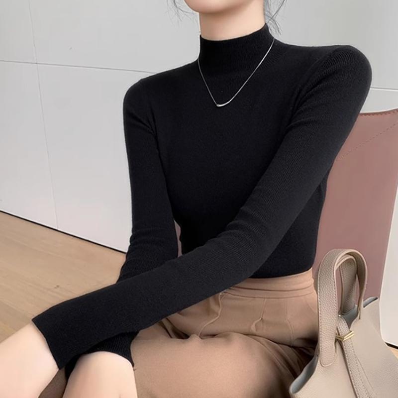 Autumn and Winter Semi High Neck Knitted Sweater Women Long Sleeve Solid Casual Base Sweaters Tops Office Lady Elegant Slim Fit Knitwear Jumper 25049