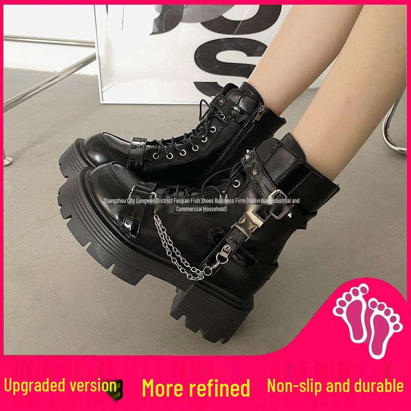 Damen Schwarze Plateau Martin Boots - Britischer Stil Knöchel, Motorrad, Höhenverstärkend - 2025 Frühling/Herbst Kollektion