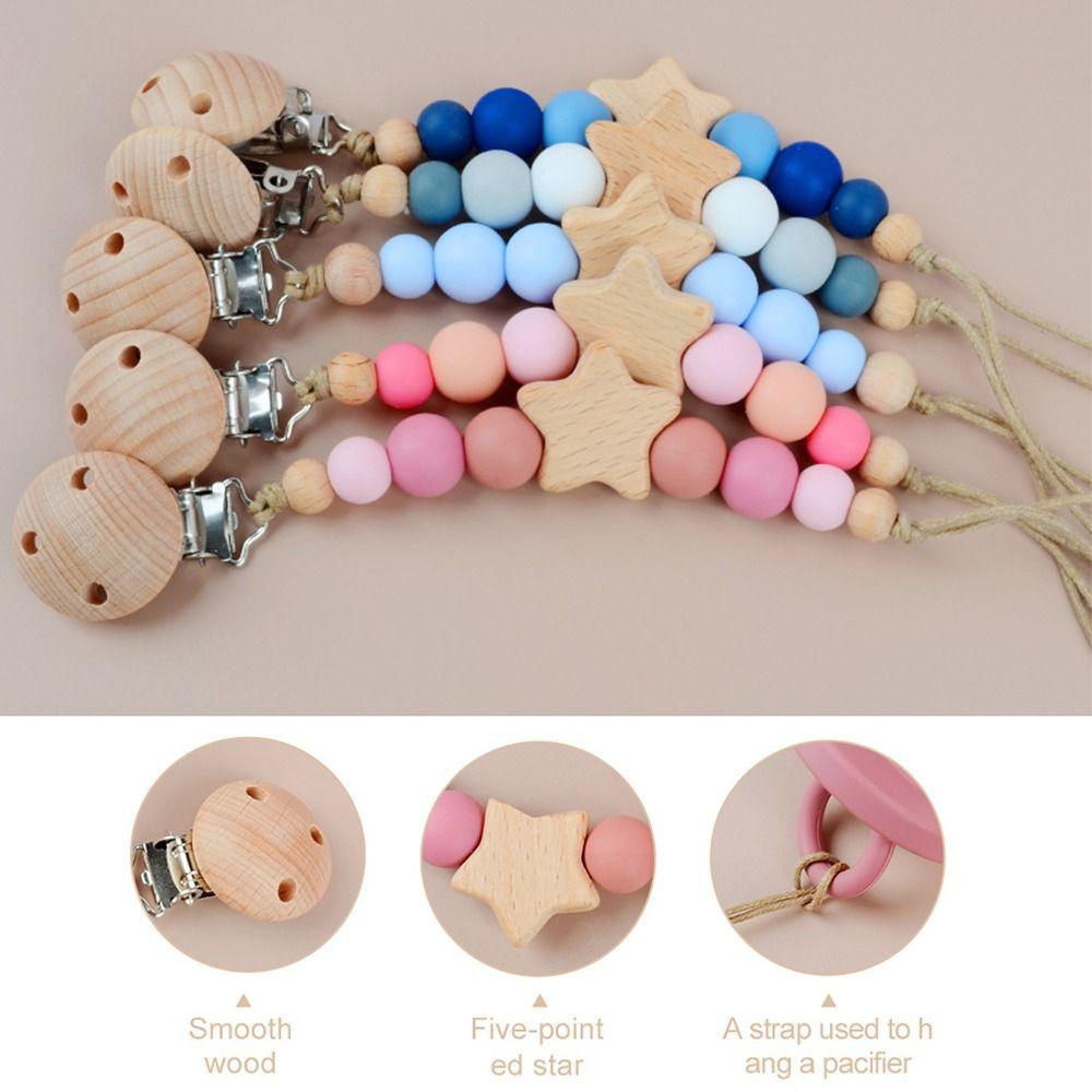 Star Pacifier Holder Clips Wood Baby Teether Toys Straps Adjustable Baby Pacifier Chain  Toddler