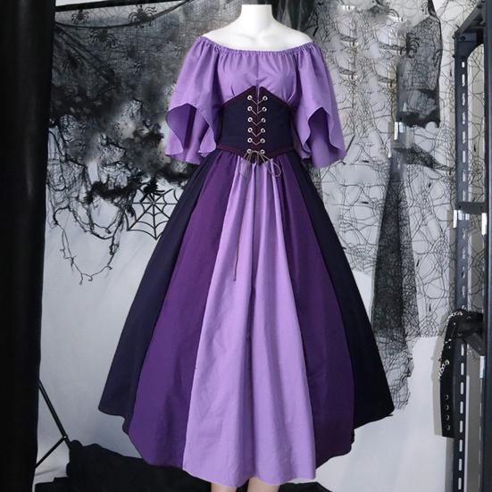 Women Halloween Dress Halloween Party Costume Flying Sleeve A-line Big Hem Contrast