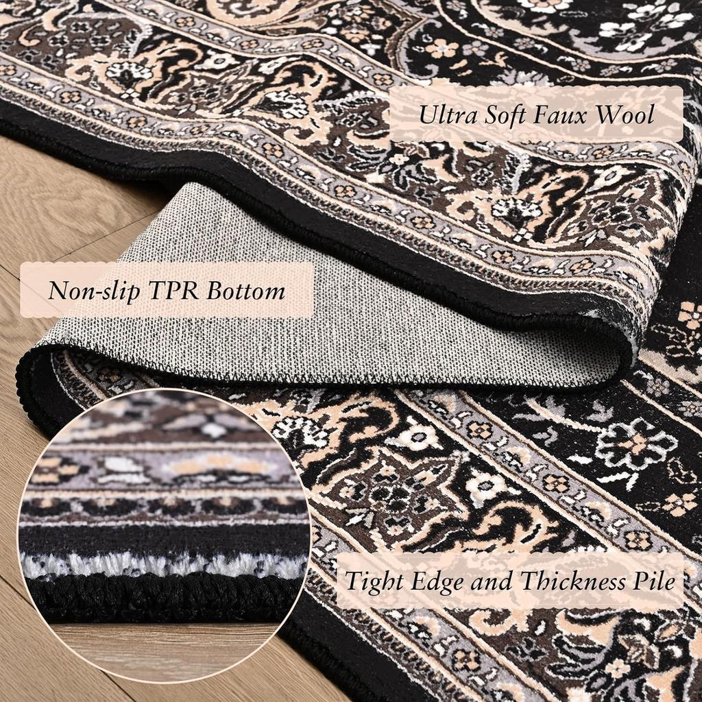 NOAHAS Washable Rugs for Living Room Non Slip Vintage Rug Faux Wool Floral Rug for Bedroom Dining Room Carpet Rug for Room Decor