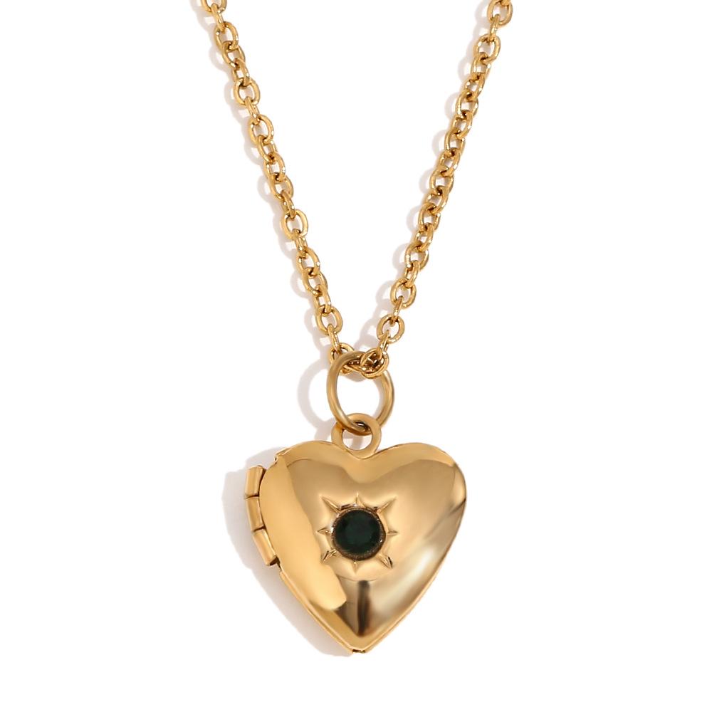18K Gold-Plated Stainless Steel Heart Locket Necklace with December Birthstone in European and American Simple Niche Design Style