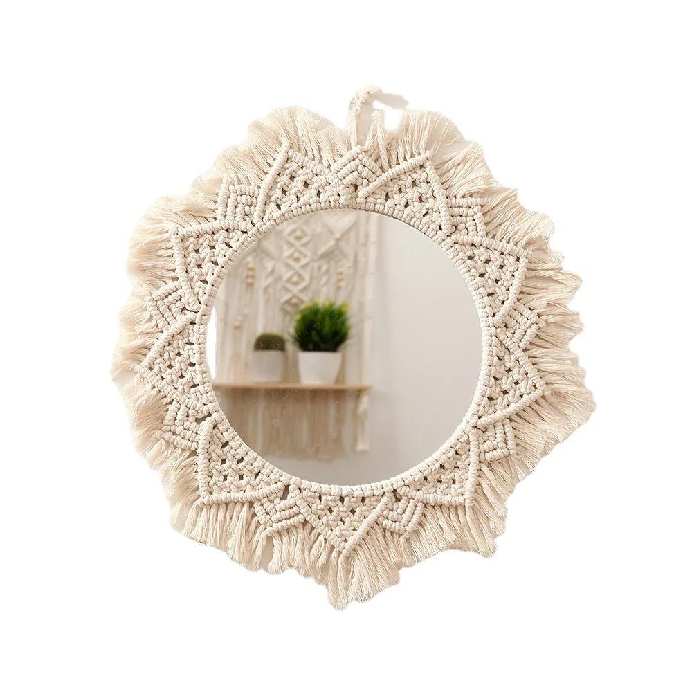 

Boho Macrame Woven Round Mirror Large Size Structure Wall Hang Application Bedroom Living Room Basic Home Aesthetic Ornament