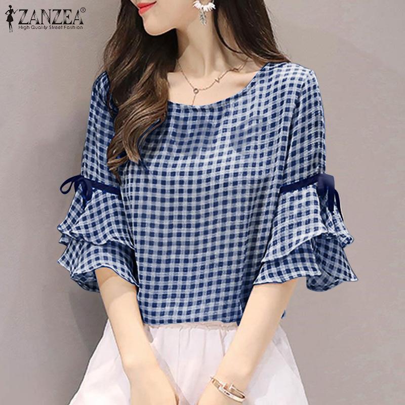 

ZANZEA Women Casual Round Neck 3/4 Sleeve Summer Plaid Print Blouse S синий