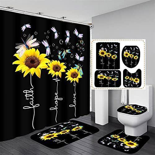 Five Sunflowers Bathroom 4 Piece Set Shower Curtain Bath Mat Curtain Toilet Lid Mat Toilet Pedal
