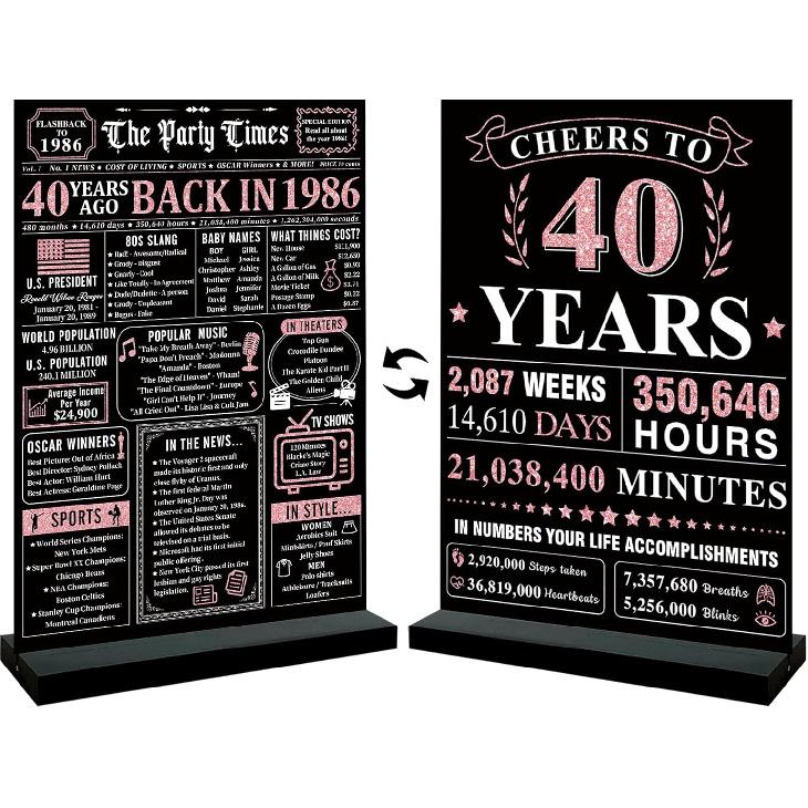 Trgowaul 40th Birthday Decorations Women Men, Black Pink Back in 1986 Birthday Poster Acrylic Table Sign with Stand, 40th Anniversary Decor Gifts for
