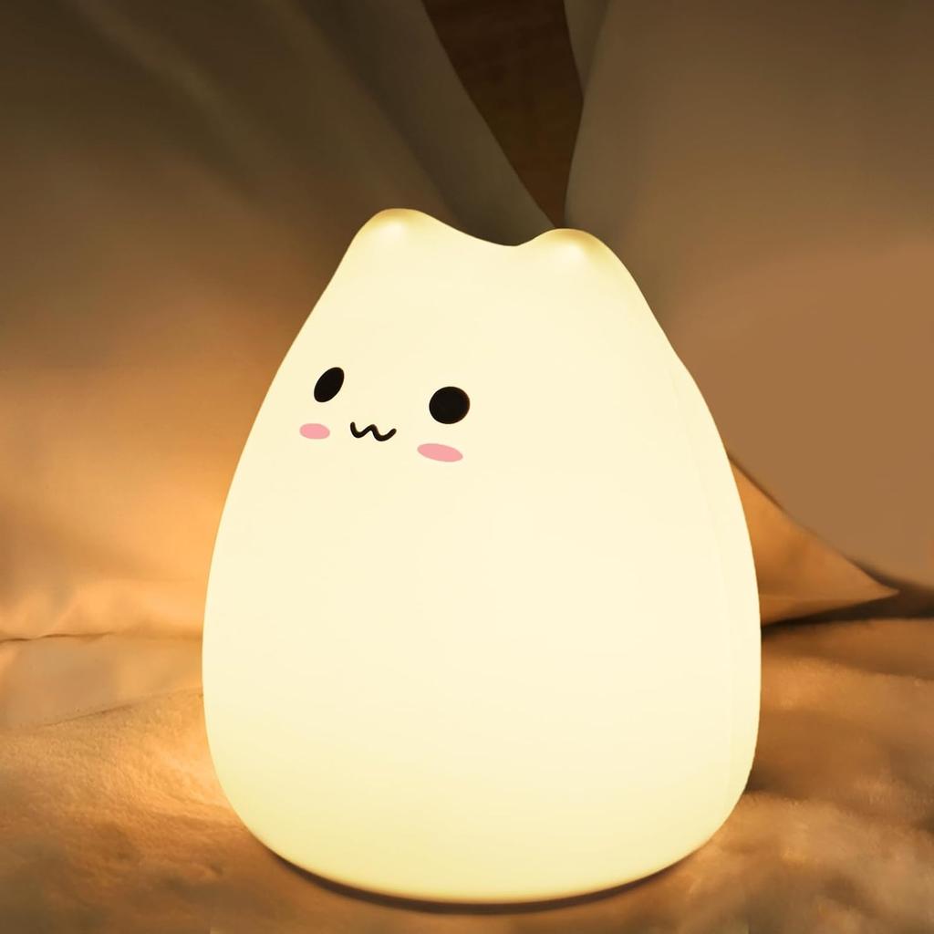 Cute Cat Night Light For Kids Silicone 7-Color Nursery Sleeping Lamp Tap Control Besides Lamp For Bedroom Decor Lighting