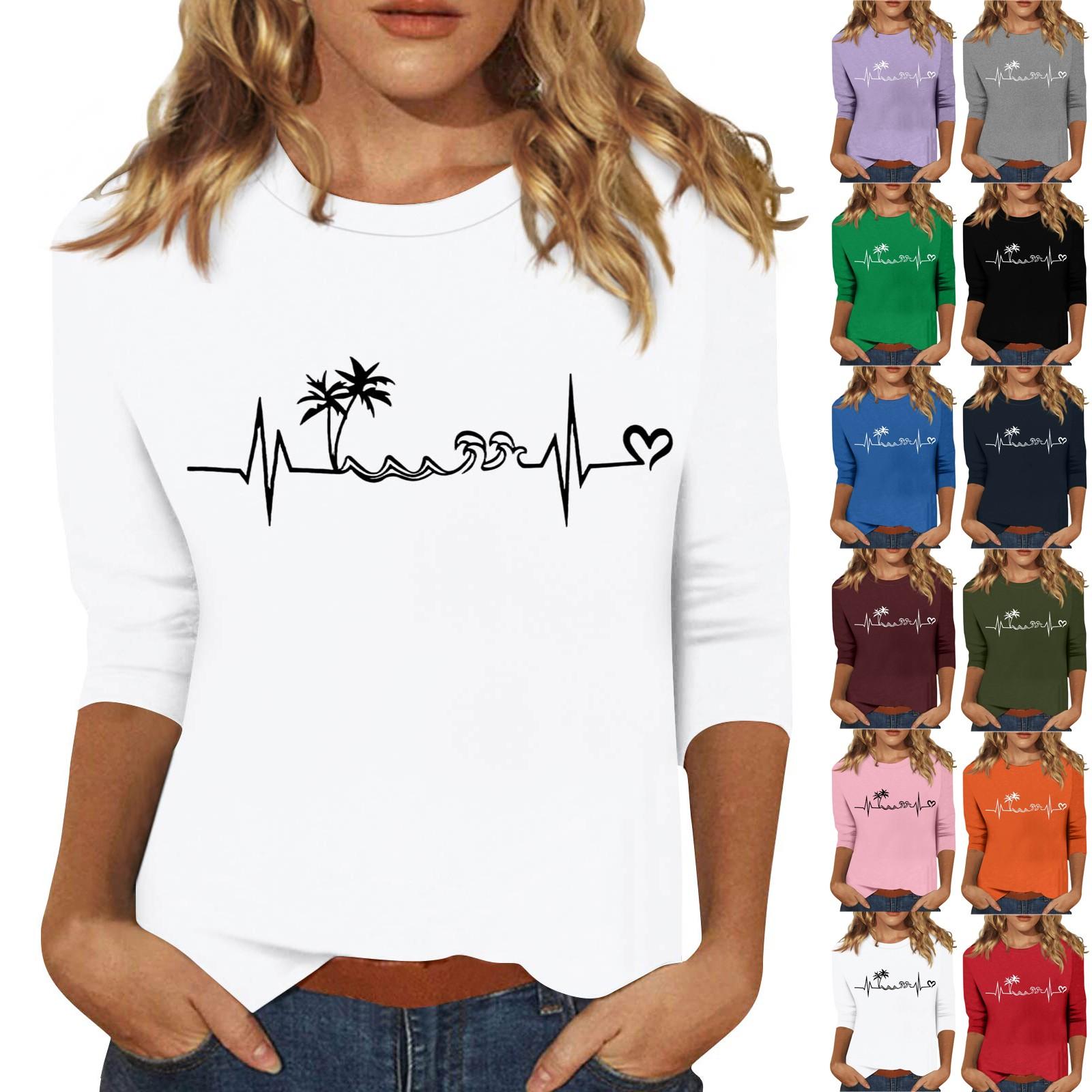 

Women s Fashionable Casual Three Quarter Sleeve Printed Collar Pullover Top L