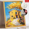 DIY Frameless Pearl Painting Kit Yellow House Scenery 3D Shiny Bead Art Canvas Relaxing Craft for Home Wall Decor Gift Handmade Artwork