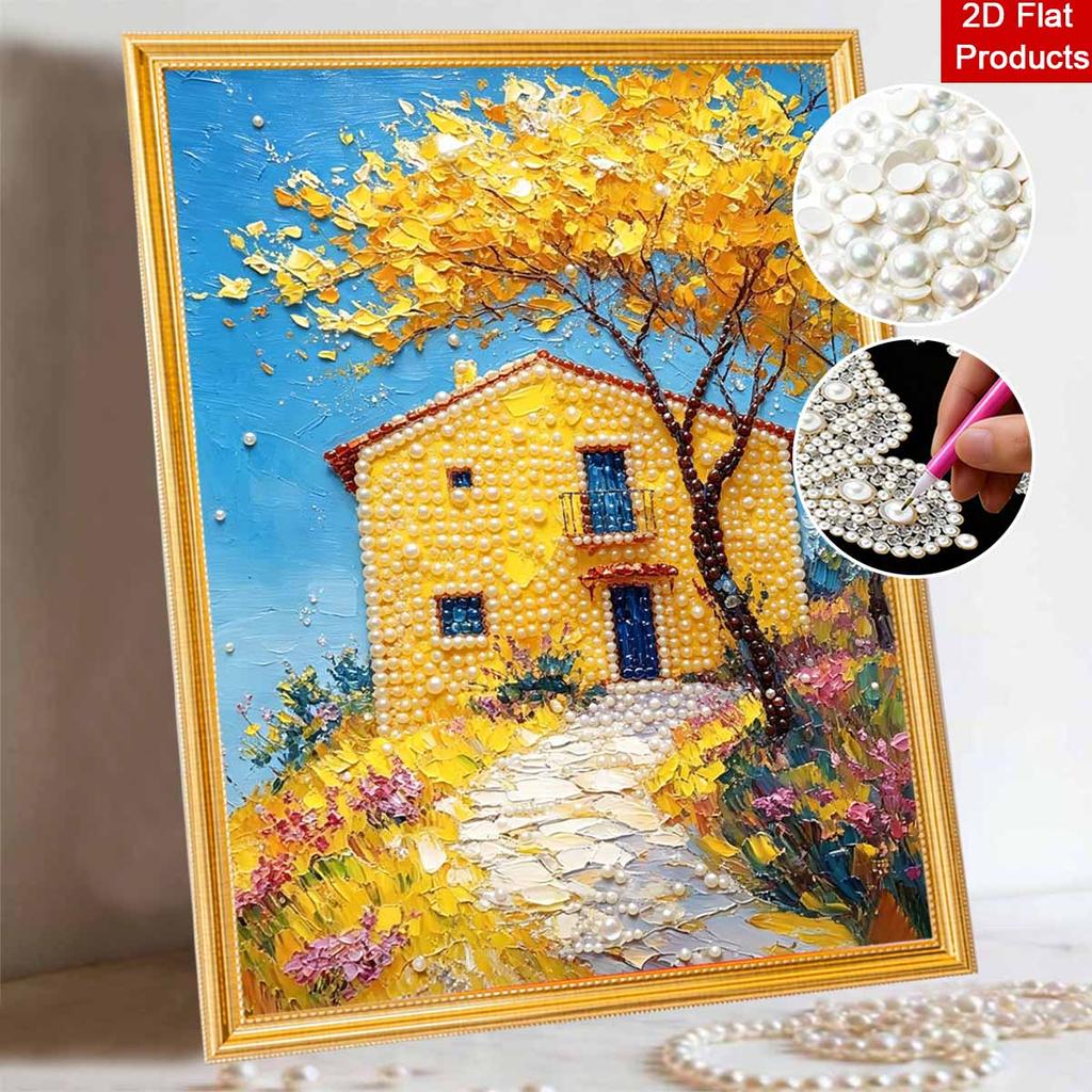 DIY Frameless Pearl Painting Kit Yellow House Scenery 3D Shiny Bead Art Canvas Relaxing Craft for Home Wall Decor Gift Handmade Artwork