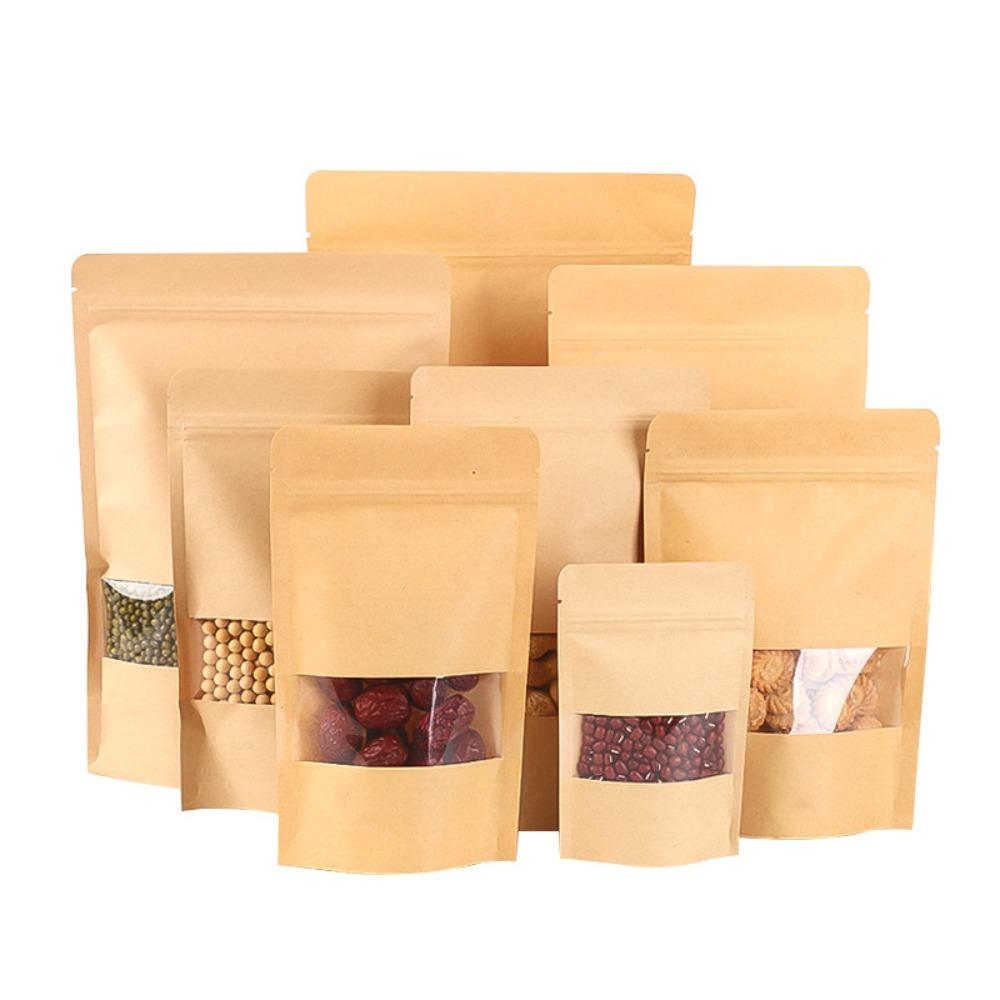 50pcs with Window Kraft Paper Self Sealing Bags Stand Up Food Storage Pouch  Business
