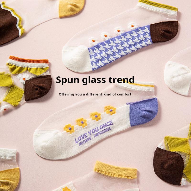 5-Pair Set Combed Cotton Crystal Silk Combination Women's Boat Socks