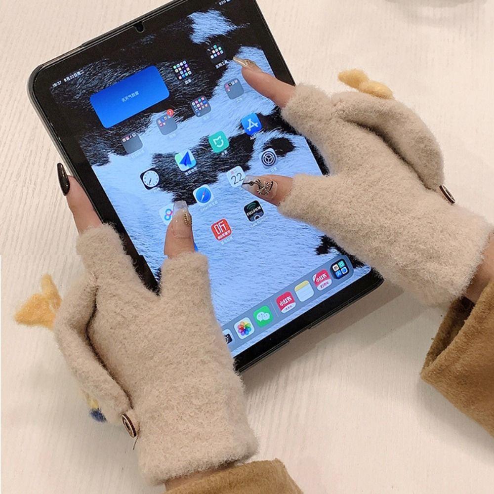 Cartoon Half Finger Gloves Winter Mittens Cute Flip Plush Gloves Winter