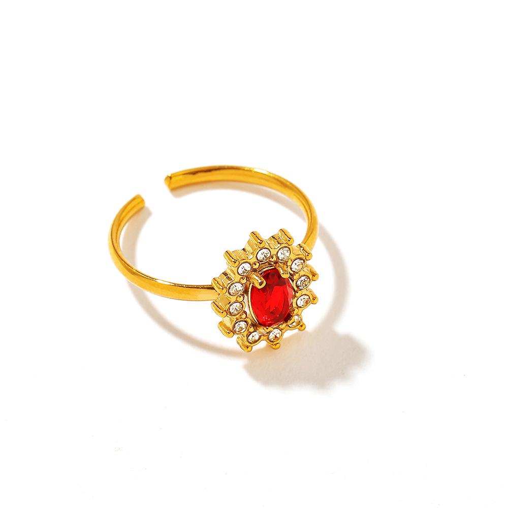 18k Gold-Plated Stainless Steel Open Ring with Sun Red Zirconium - High-End, Non-Fading Design for Women