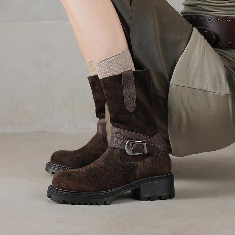Krazing Pot Fashion Cow Suede Nubuck Winter Round Toe Modern Boots Med Heels Zipper Metal Buckle Mid-calf Boots