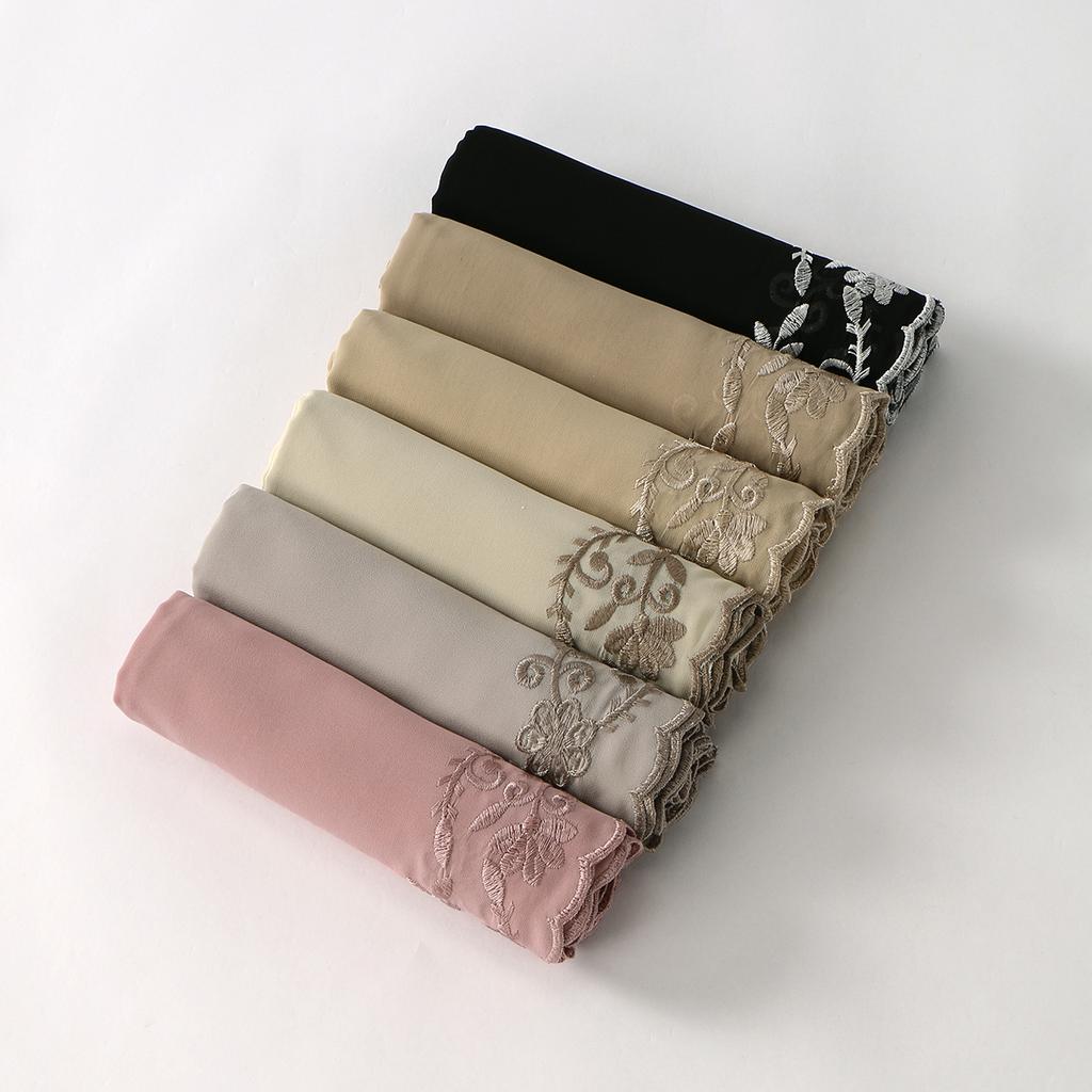 Floral Embroidery Edge Chiffon Silk Scarf Women Muslim Hijab Headscarf Soft Wraps Headband Summer Sunscreen Shawls Beach Shawls