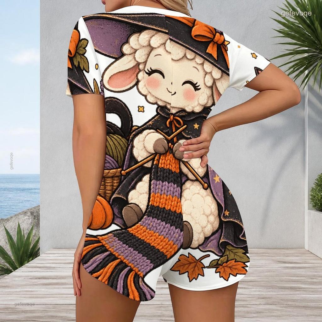 Women Plus Size V Neck Short Sleeve Multi Color Printed Button Front Fitted Short Romper