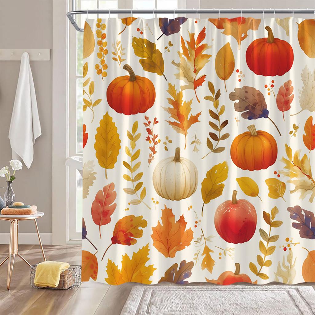 Herbstkürbis Cartoon Druck Duschvorhang Erntesaison Ahornblätter Fallendes Laub Herbstlandschaft Badezimmer Dekoration Natur Badvorhang