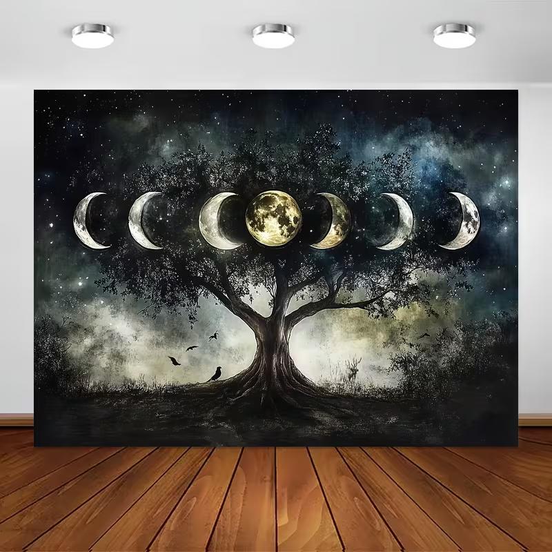 2D Moon Phase Tree of Life Tapestry, Celestial Night Wall Hanging Background Cloth 47.2x31.5inch/120*80cm