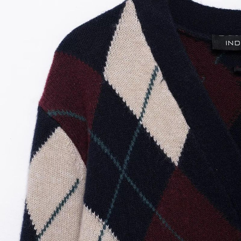 Kaslead New Women clothes Western Style Blended Diamond Pattern V-neck Long sleeve Knitted Outerwear 5755006