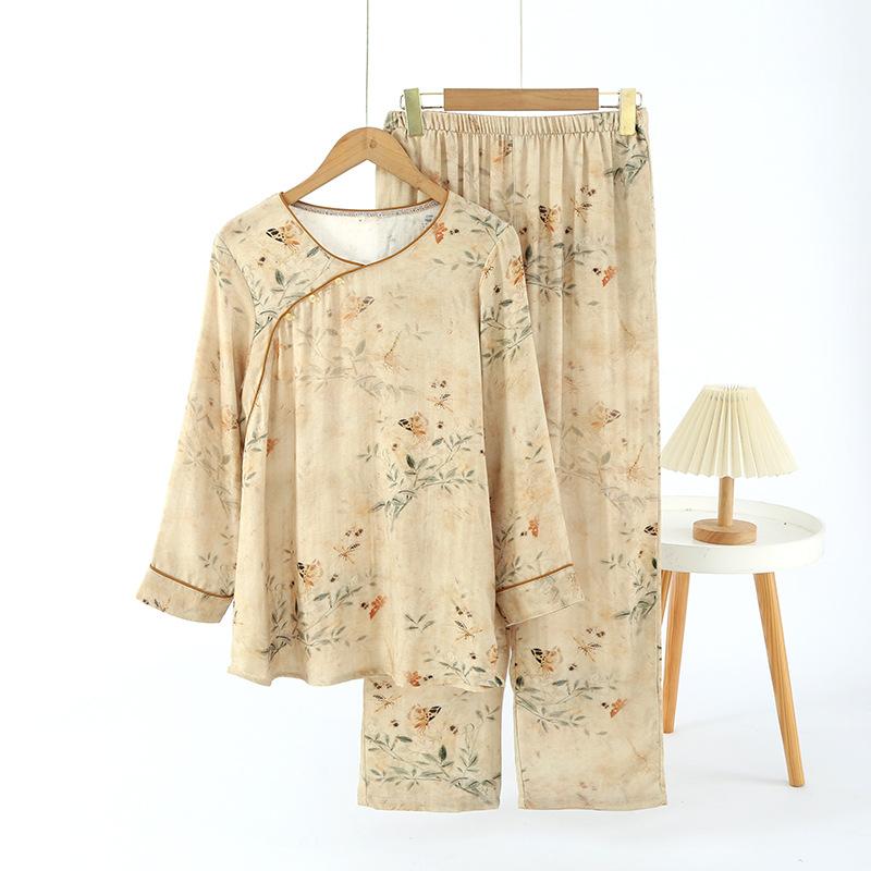

Пижама в китайском стиле, женские брюки с длинными рукавами, весенне-летний комплект одежды для дома из тонкого бамбукового хлопка и двухслойной марли XL