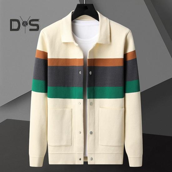 Fall Winter Men Cardigan Sweater Coloblock Turn-down Collar Coat Long Sleeves Pockets Single-breasted Knitted Elastic Jacket