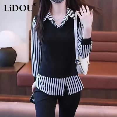 Spring Autumn New POLO Collar Long Sleeve Striped Patchwork Fake Two Pieces Shirt Women Korean Style All-match Pullovers