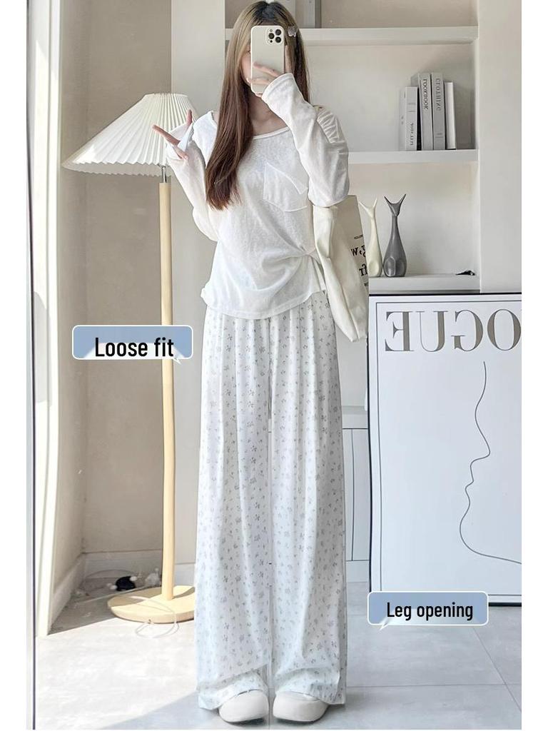 Women's Summer Floral Wide-Leg Pants: High-Waisted, Elastic Waist, Mori Style, Petite 145-150, Casual & Loose.