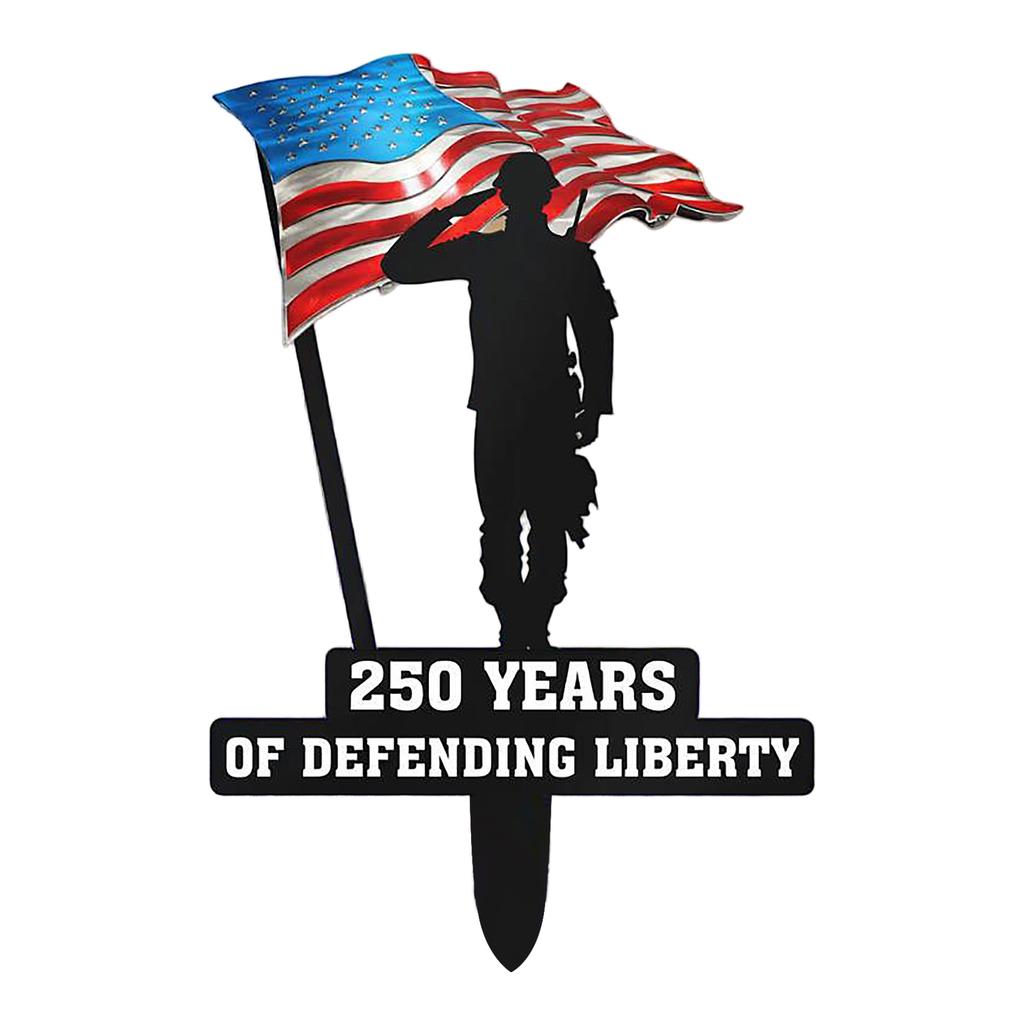 Metal Garden Stake Featuring Soldier Silhouette and Flag Design Commemorating 250 Years of Defending Liberty for Outdoor Display
