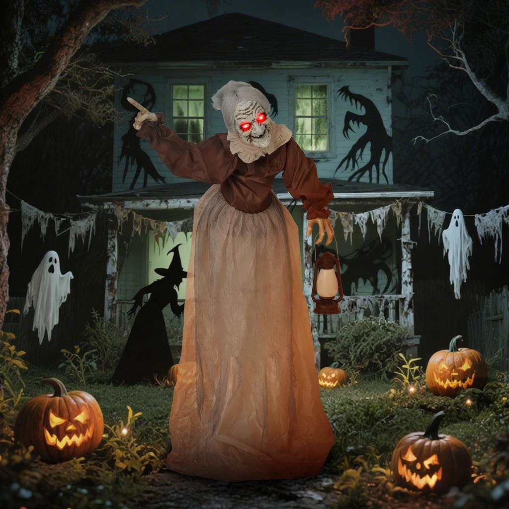 150 Cm Halloween Decoration, Halloween Witch with LED Lights, Sound Function, Adjustable Arms and Head