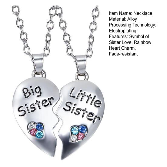 2Pcs/Set Sister Love Necklace Big Sister And Little Sister Necklaces Rainbow Heart Charm Necklace