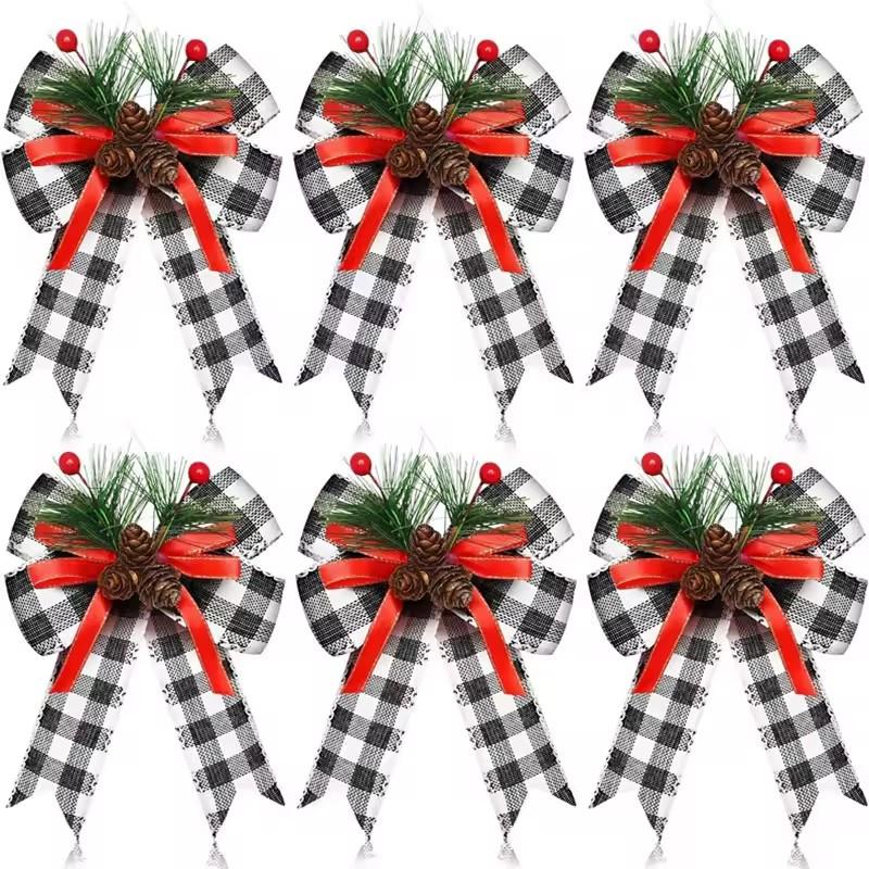 6PCS Christmas Pinecone Pine Needle Bow Christmas Grid Ribbon Bow Christmas Tree Decoration Bow Home Furnishings