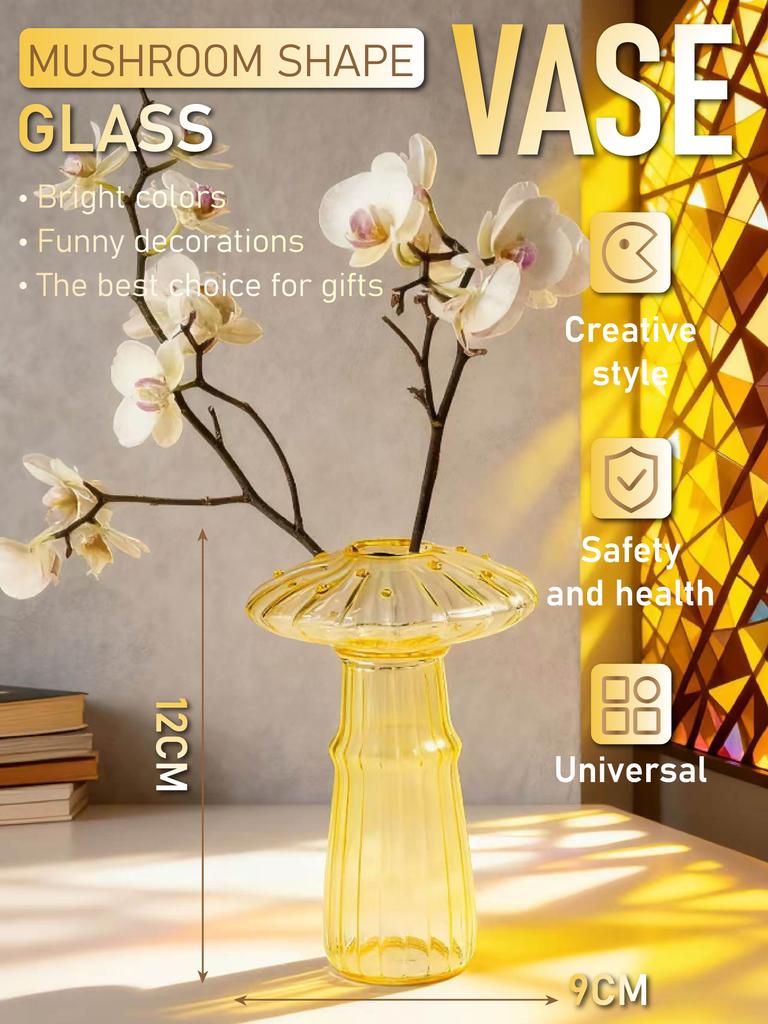 Creative Mushroom Shape Glass Vase (12CM X 9CM) - Bright Color Decorative Vase for Flowers & Gifts