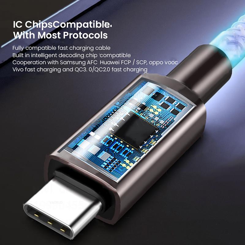 VAORLO 66W 6A datový kabel RGB žhavící nabíjení Rychlé rychlé nabíjení Pro iPhone Type-C USB nabíječka Vysoce kvalitní datový kabel