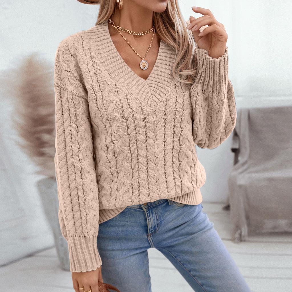 Women's Fashion Casual Loose Solid Color Pullover Retro Cable V-Neck Long Sleeve Knit Sweater