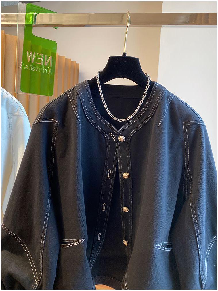 Biała Szeroka Jeansowa Kurtka Damska Sense - Luźna, Bez Kołnierza, Zakrzywiony Detal na Wiosnę i Jesień 2025