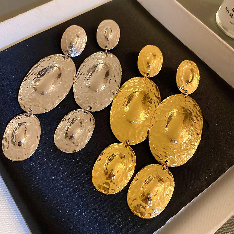 Geometric Oval Tassel Earrings: Bold European-American Style, Unique Long Metallic Design for Women