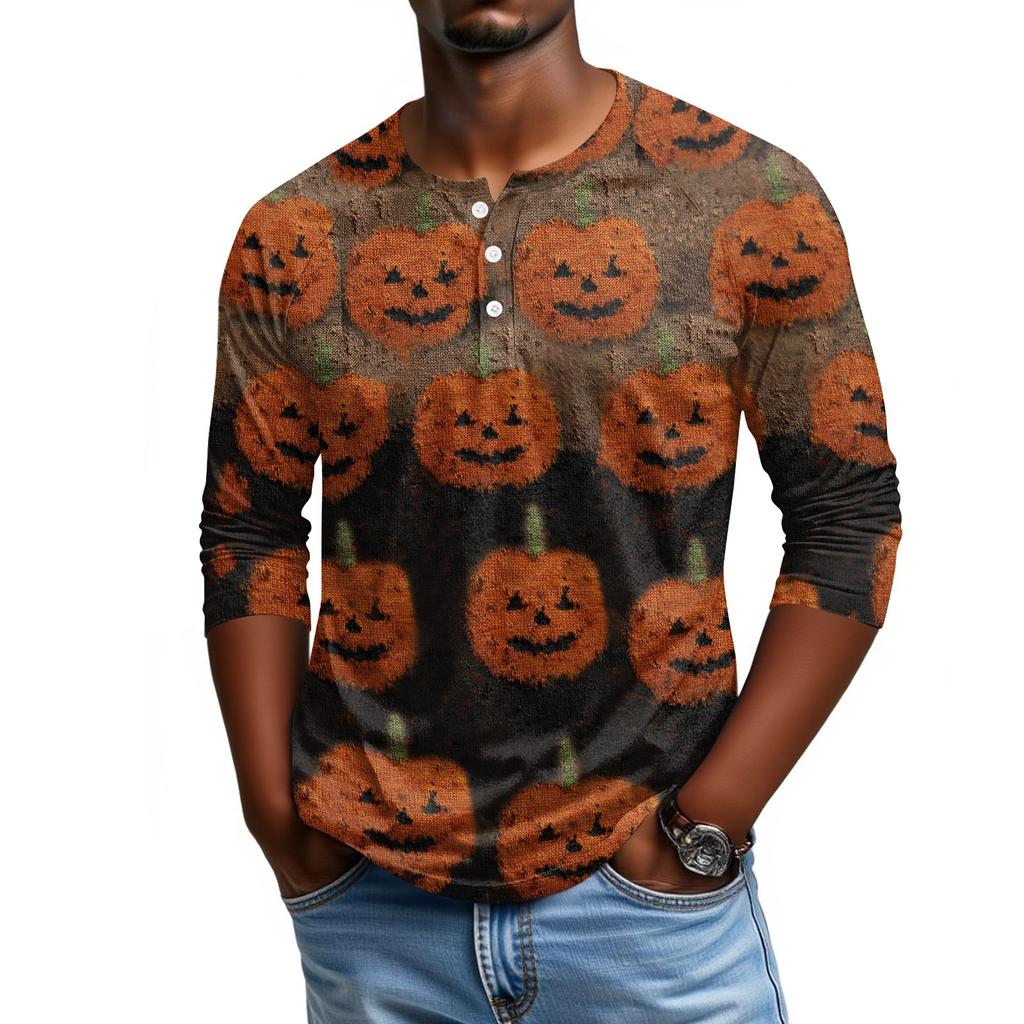 Men's Casual Halloween Print Raglan Sleeve Henley Shirt Three Quarter Sleeve Lightweight Comfortable Top for Everyday Wear